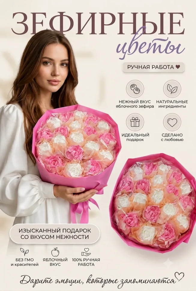  Букет Зефирный Размер XL бело-розовый,350г в Гусь-Хрустальном